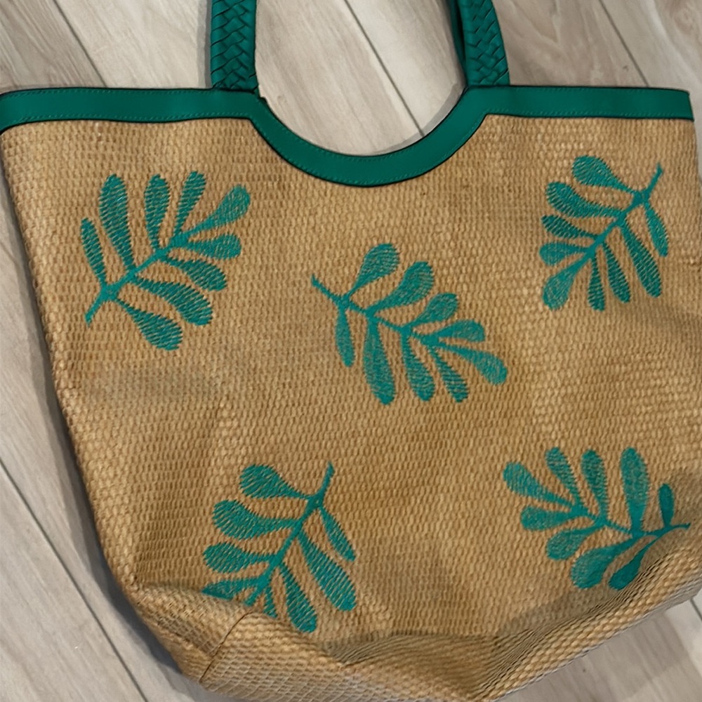 EUC Tropical Leaf Print Everyday Bag Wicker Woven Purse Handbag Beach Tote - Picture 4 of 9
